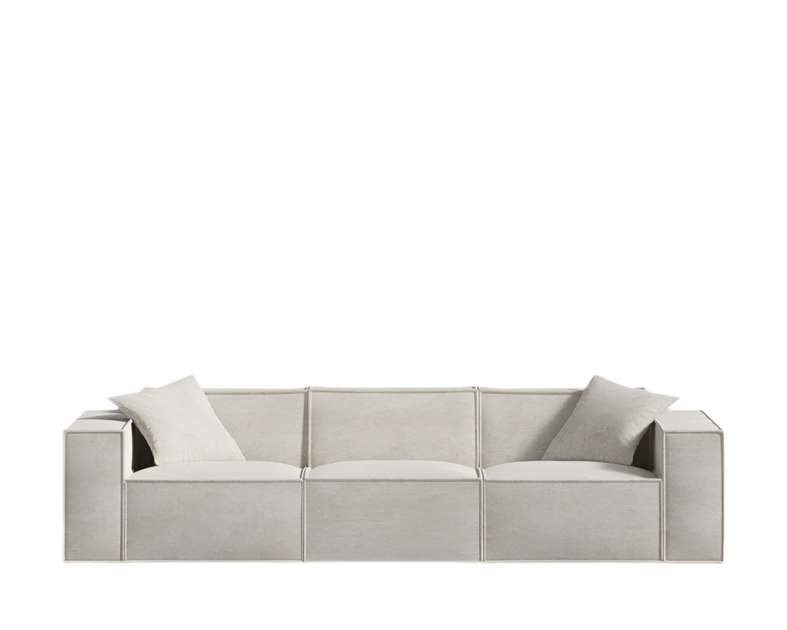 MOD Sofa in vegan fabric with comfy armrest pillows and low-profile design.