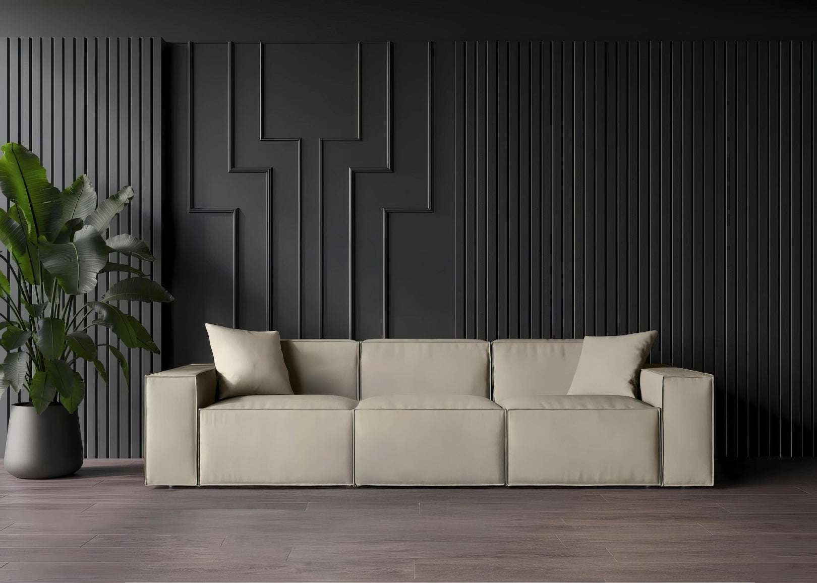 MOD SOFA SAND in a sleek, minimalist design with armrest pillows, eco-friendly vegan fabric, and a modern low-profile.