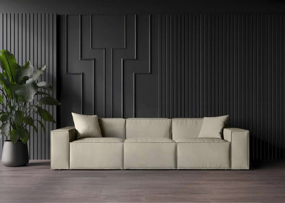 MOD SOFA SAND in a sleek, minimalist design with armrest pillows, eco-friendly vegan fabric, and a modern low-profile.
