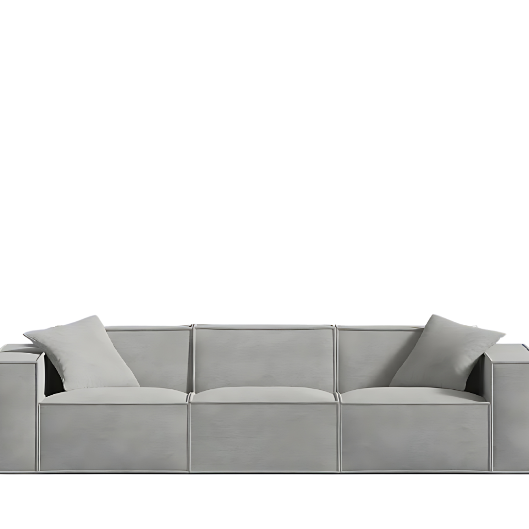 Minimalist Mod Sofa with comfy pillows, low-profile design, and vegan fabric.