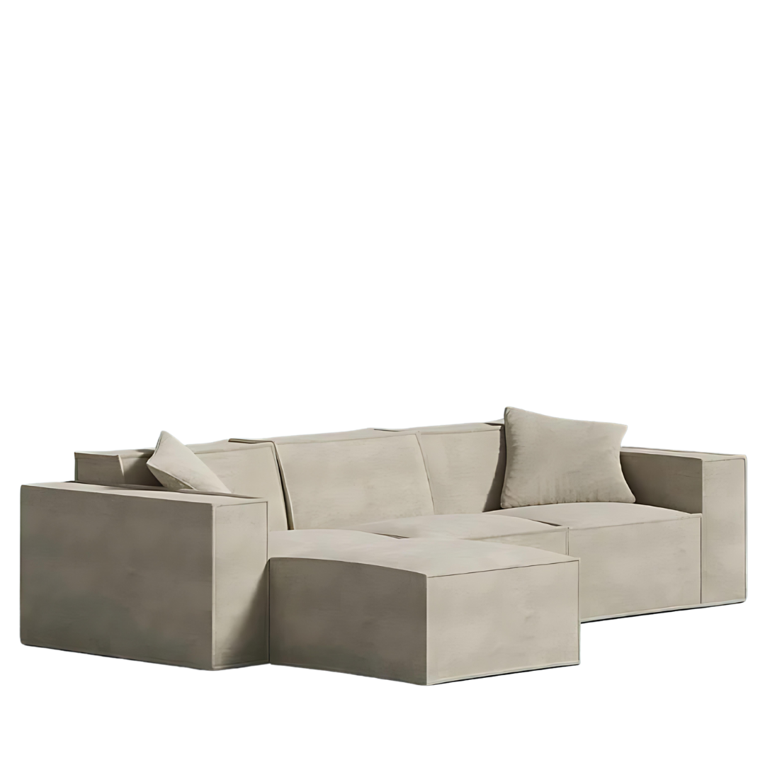 MOD SECTIONAL Sand in vegan fabric with sleek design and comfy armrest pillows.
