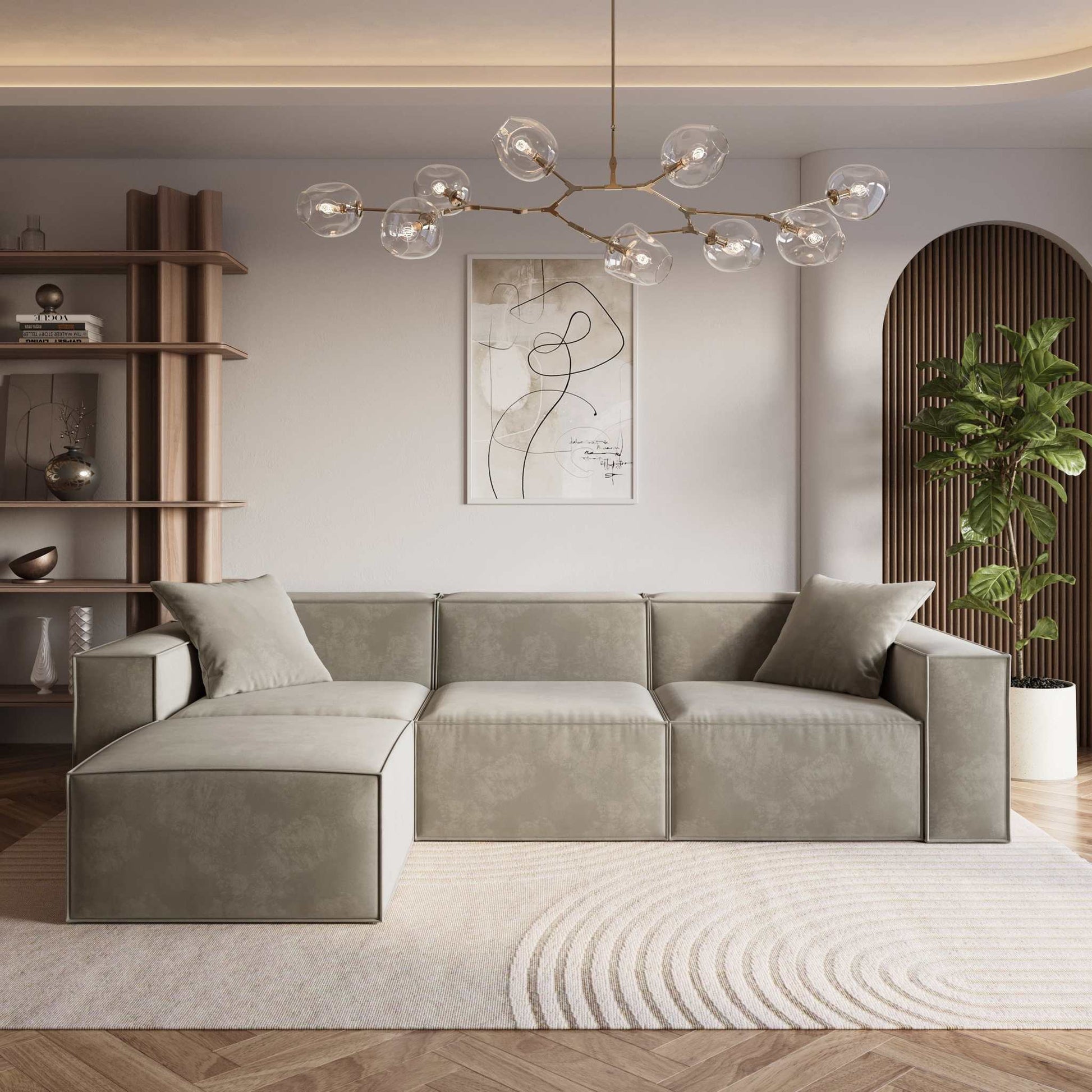 Modern Mod Sectional in a stylish room with sleek design and comfy armrest pillows.