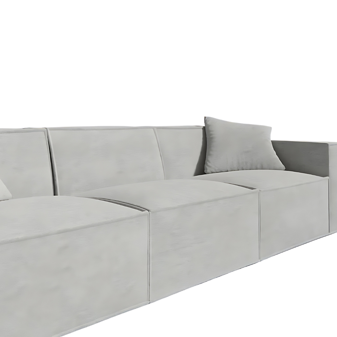 Minimalist MOD SOFA in vegan fabric with comfortable pillows and durable design.