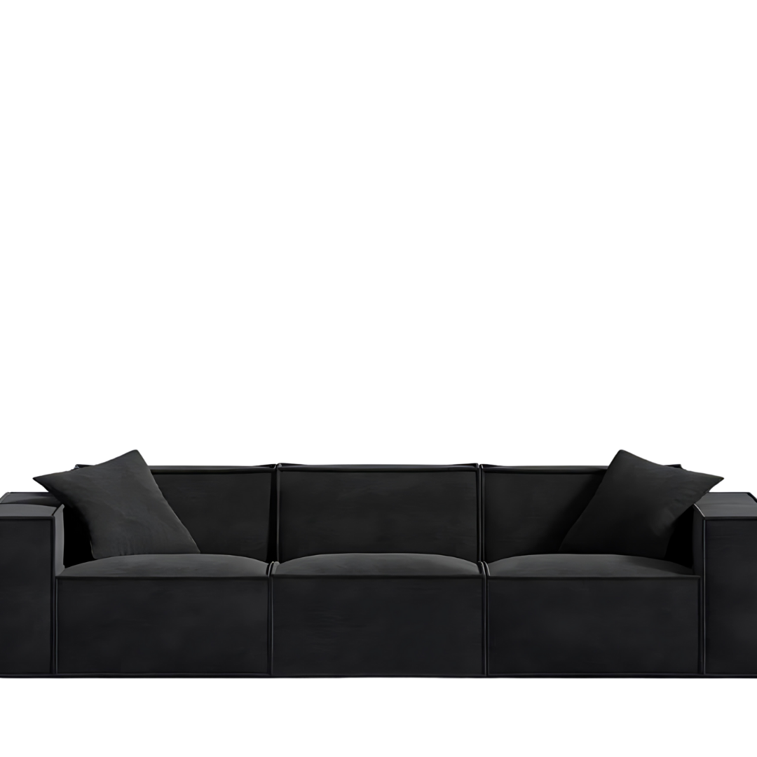 Sleek minimalist Mod Sofa in caviar color with vegan fabric and comfy pillows.