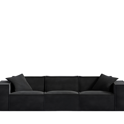 Sleek minimalist Mod Sofa in caviar color with vegan fabric and comfy pillows.