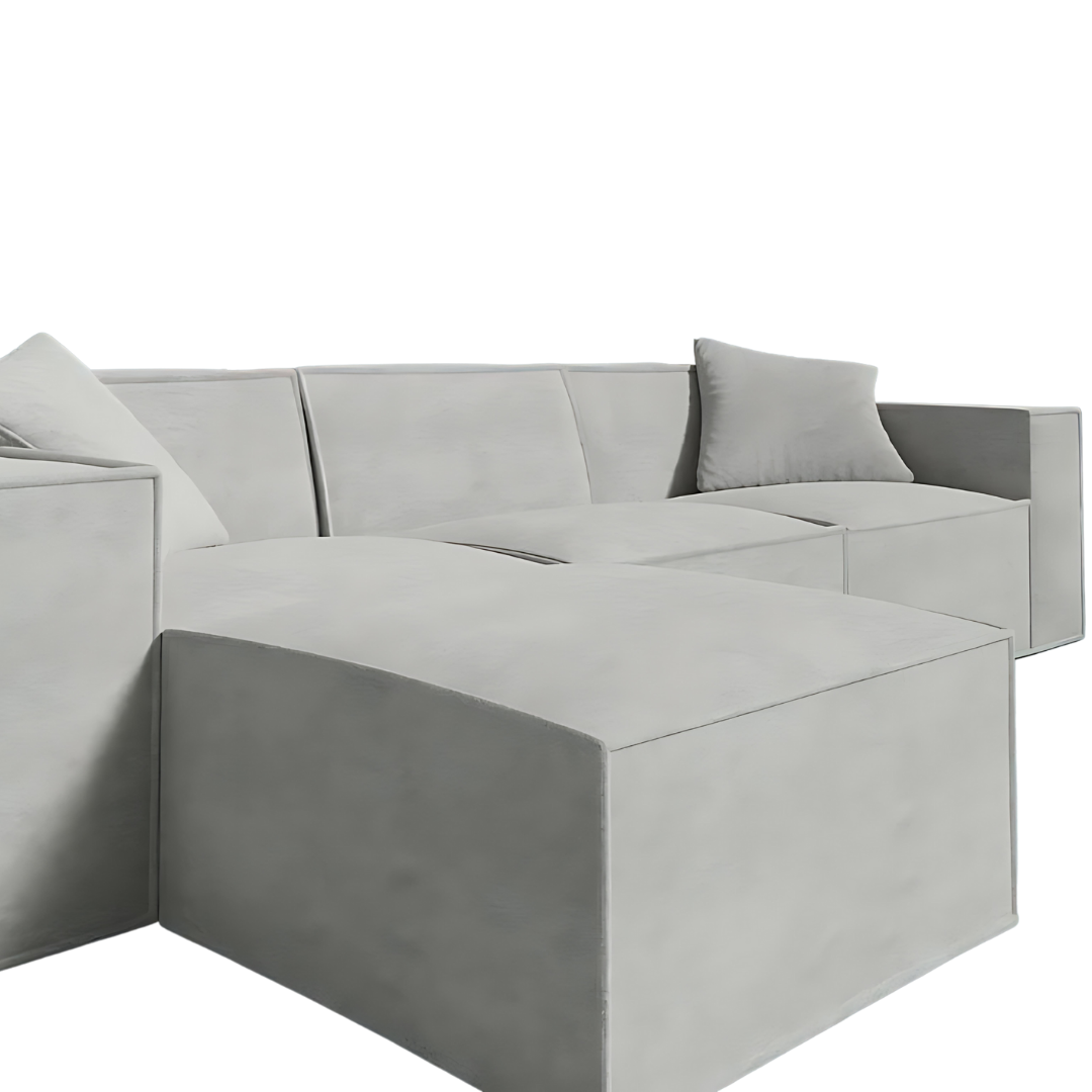 Mod Sectional in sleek low-profile design with comfy armrest pillows, vegan fabric, and innovative SmartFoam technology.