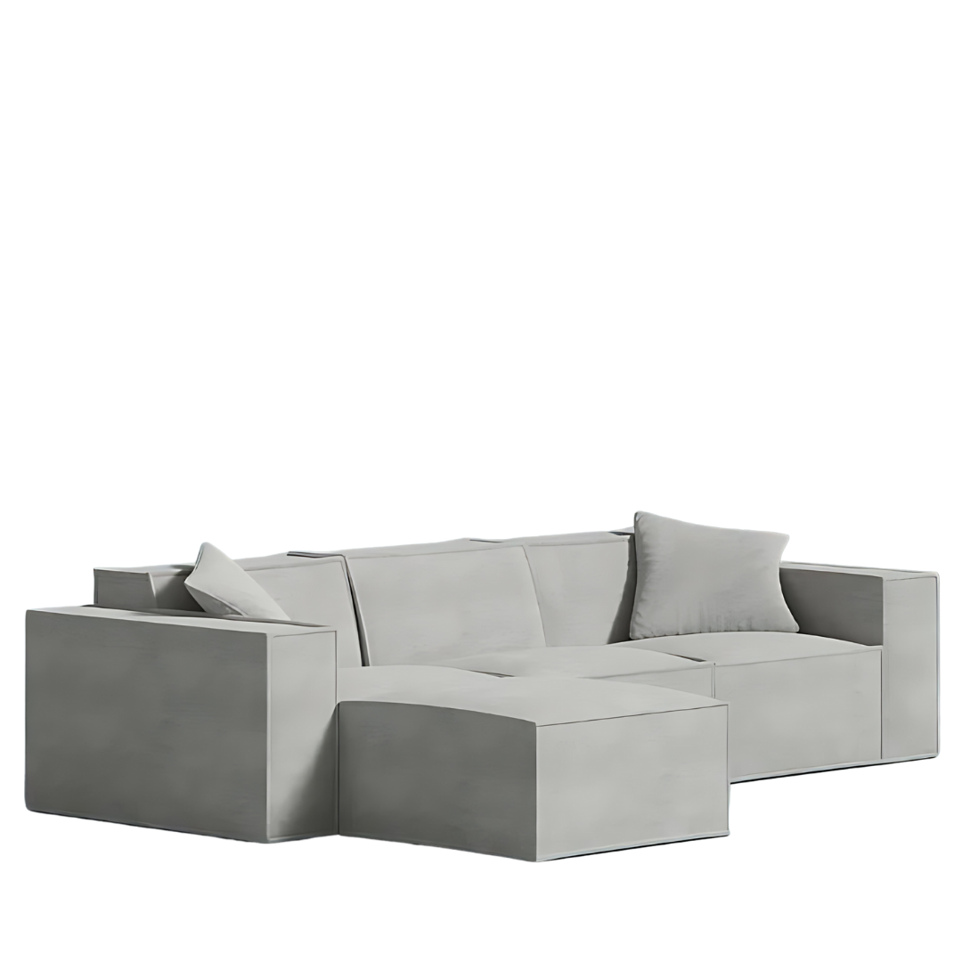 Modern sectional sofa in sleek design with armrest pillows, made from eco-friendly vegan fabric.