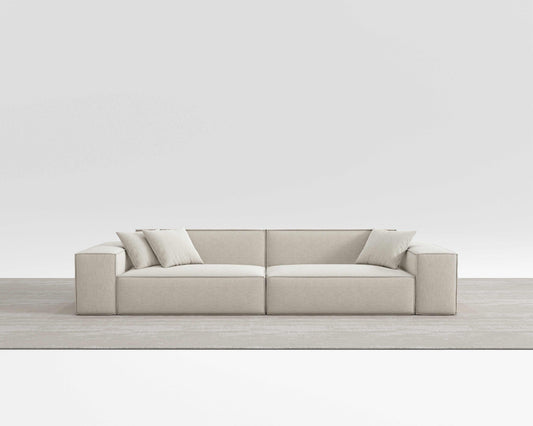 BLISS SOFA in minimalist design with vegan performance weave and included pillows.