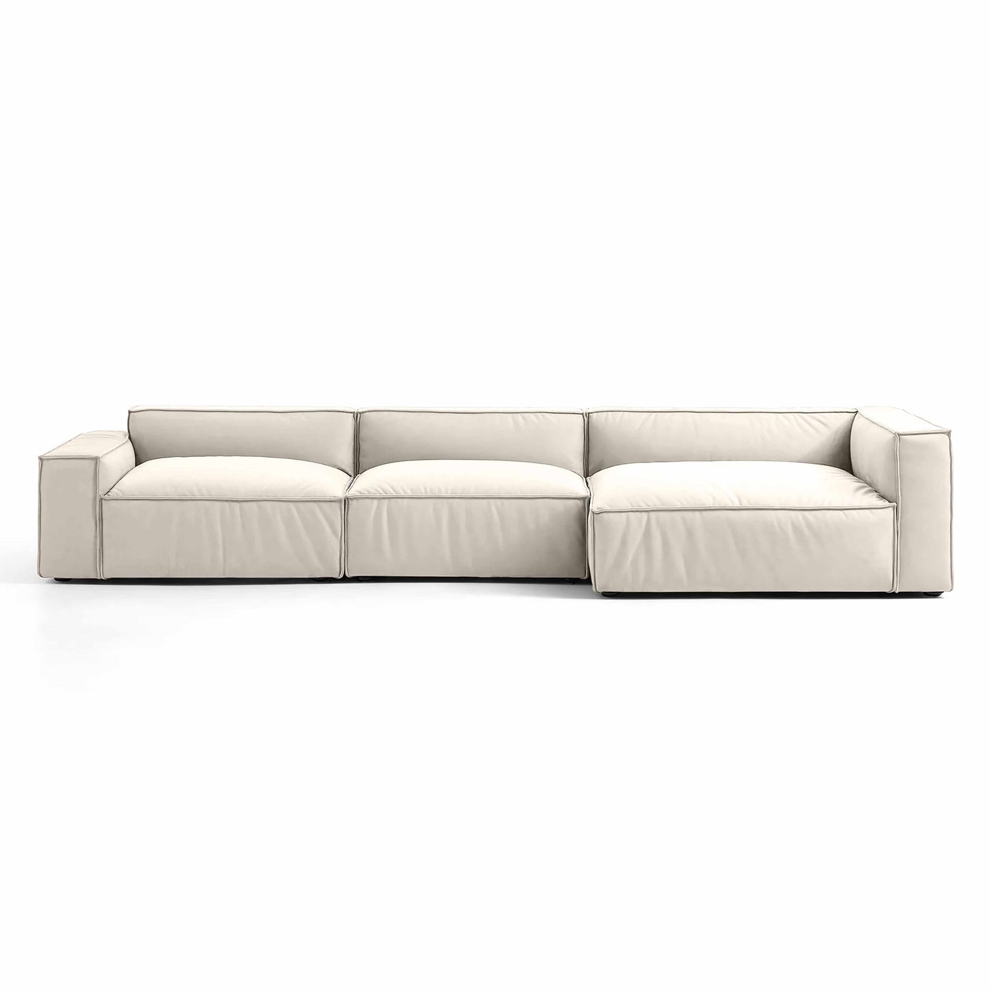 Mod Sectional sofa with modular design and tofu block seats in calming color palette.