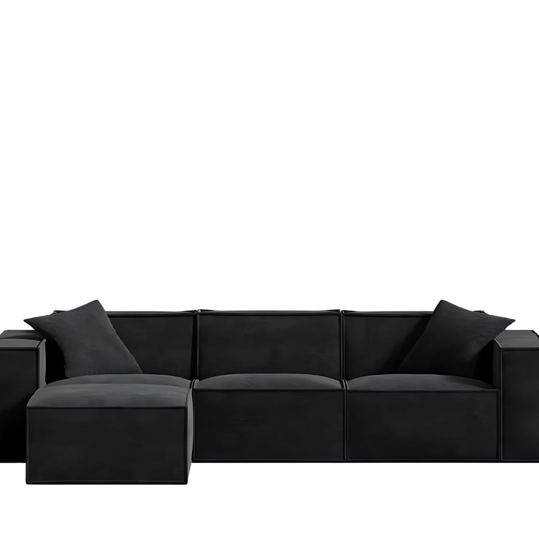 Modern black Mod Sectional sofa with sleek, low-profile design and comfortable armrest pillows.