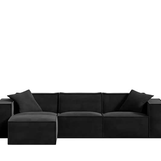 Modern black Mod Sectional sofa with sleek, low-profile design and comfortable armrest pillows.