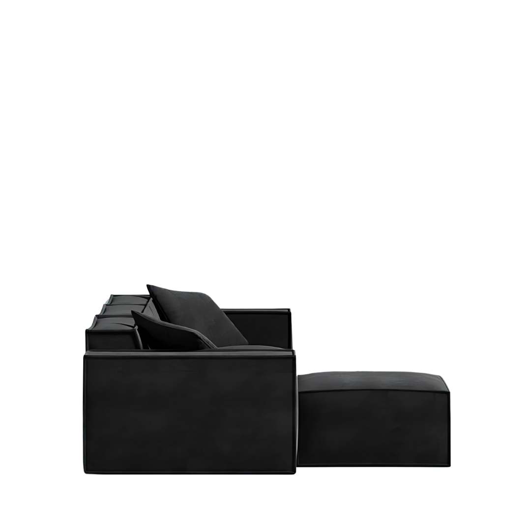 Mod Sectional sofa with sleek design, black vegan fabric, and comfy pillows.