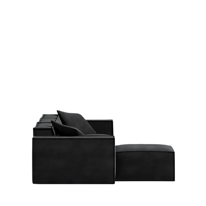 Mod Sectional sofa with sleek design, black vegan fabric, and comfy pillows.