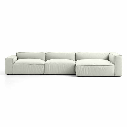 Mod Sectional with vegan foam, modular design, double-seat tofu block, calm color palette.