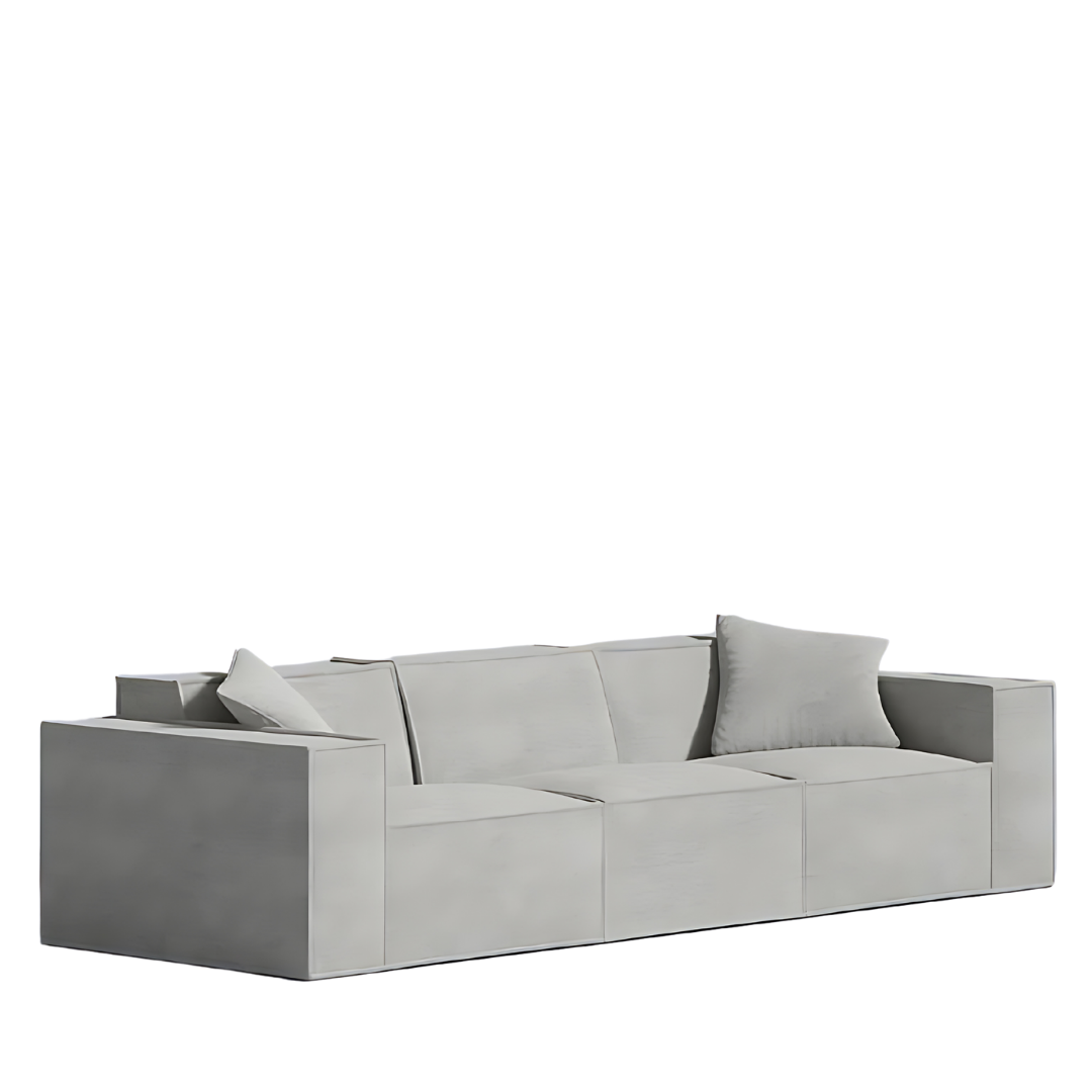 Minimalist grey Mod Sofa with armrest pillows, durable vegan fabric, and sleek low-profile design.