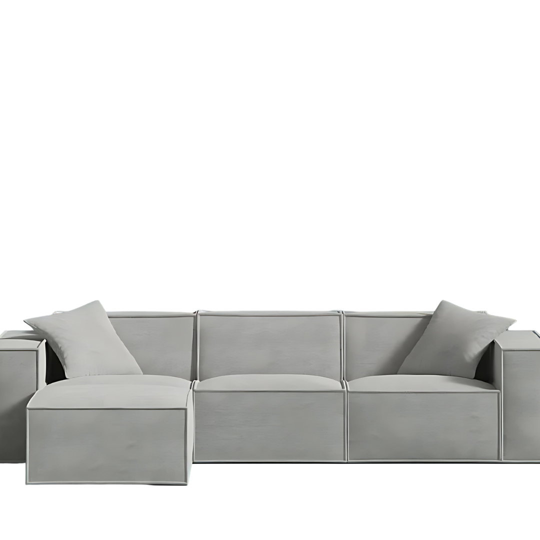 Mod Sectional in gray vegan fabric with comfy armrest pillows and sleek design.