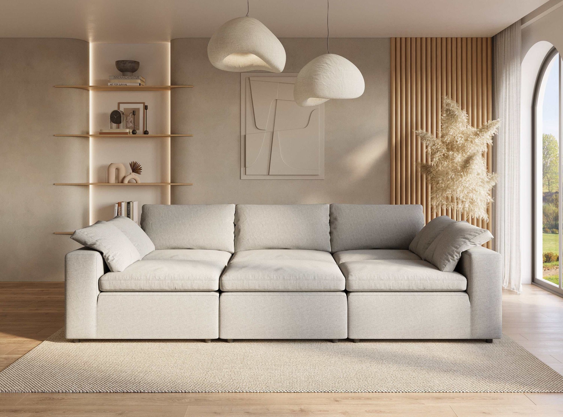 Cloud Sectional Bed with cotton-linen fabric in a serene living room setting.
