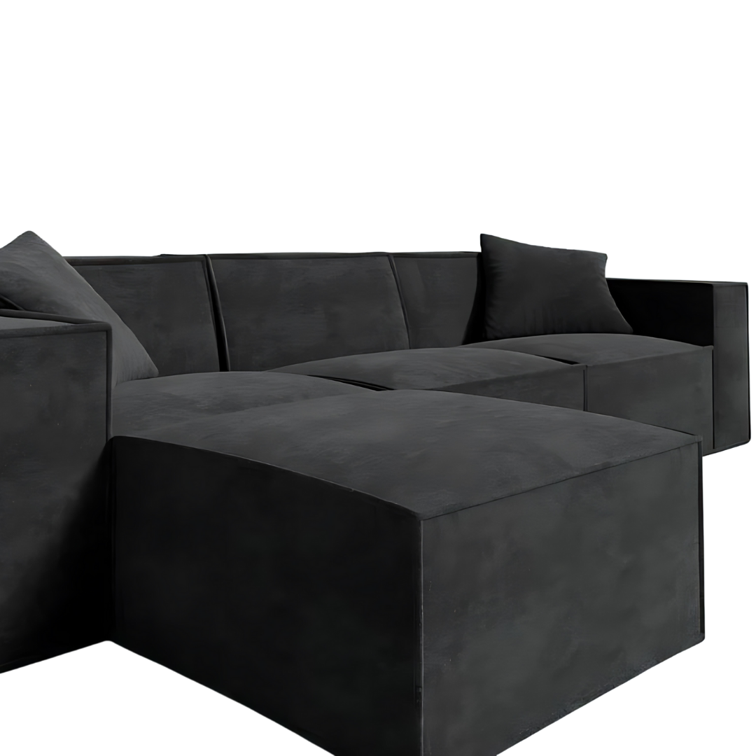 Modern black Mod Sectional with sleek design and armrest pillows.
