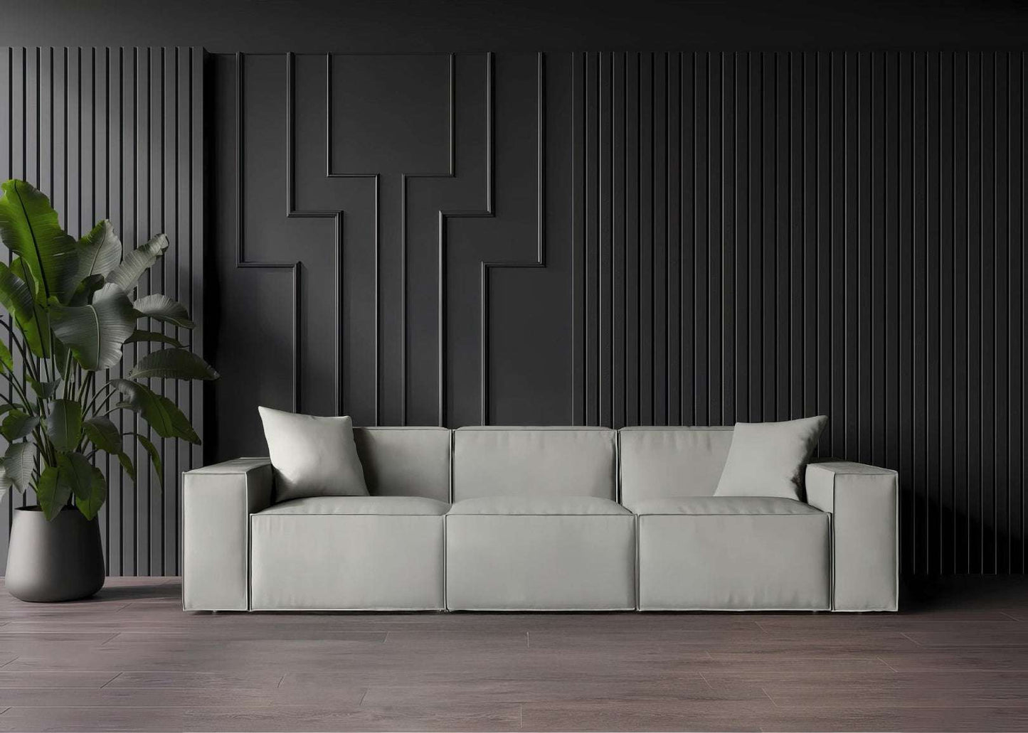 Sleek minimalist MOD SOFA with vegan fabric in a modern living space.