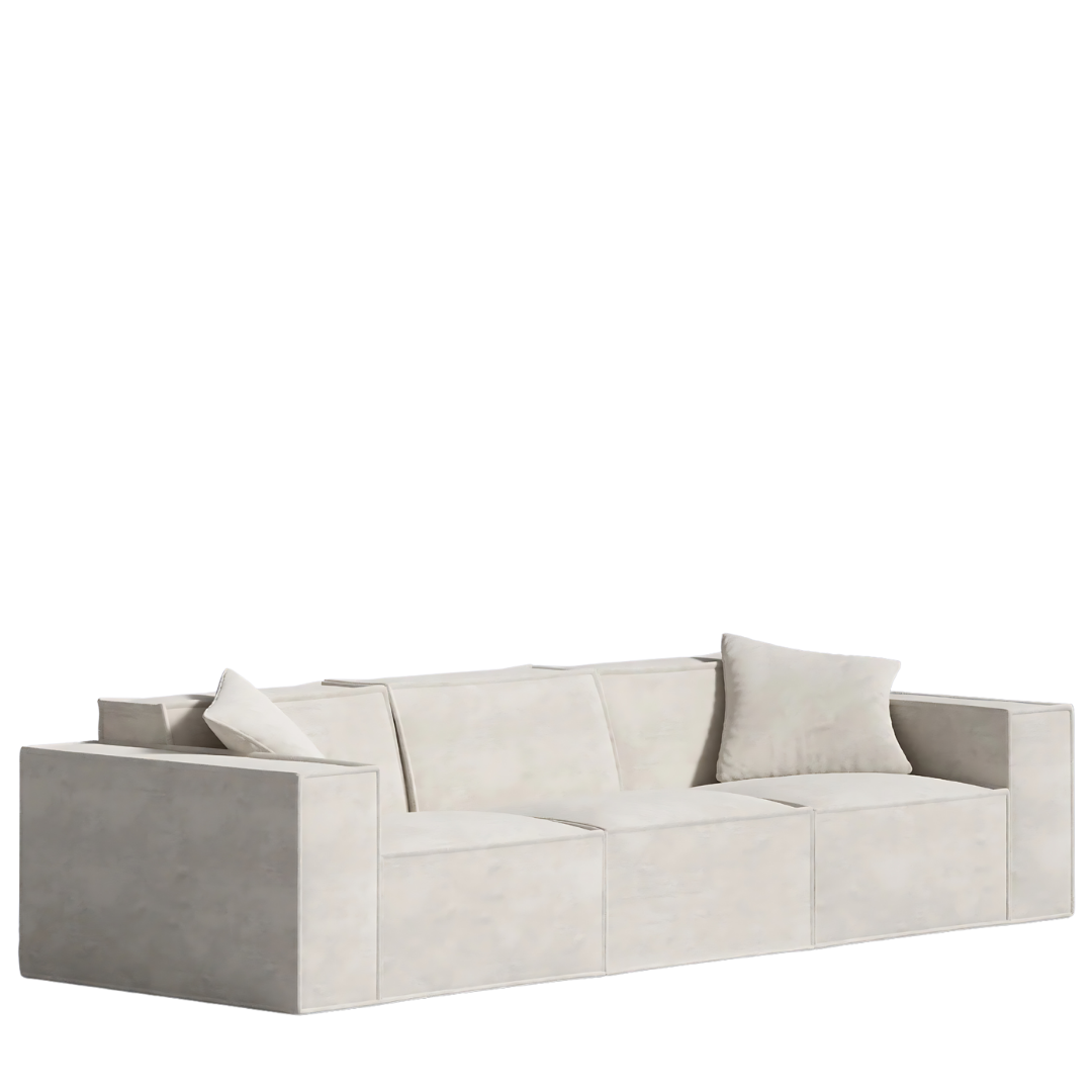 Modern minimalist Mod Sofa with vegan fabric, comfy pillows, and modular design.